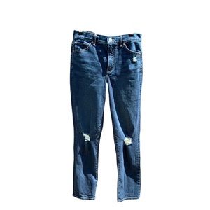 Express Jeans Slim Super High Rise Long 6 Six Blue Distressed Look
